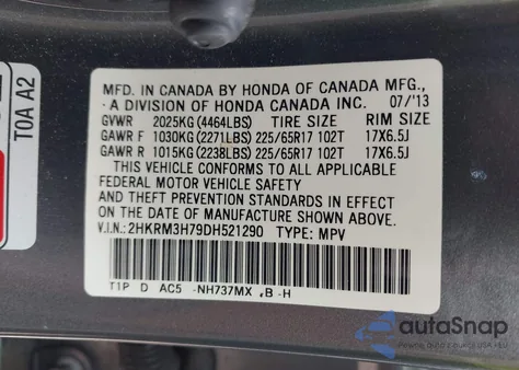 2013 Honda Cr-V Ex-L z USA, uszkodzony, nr VIN 2HKRM3H79DH521290